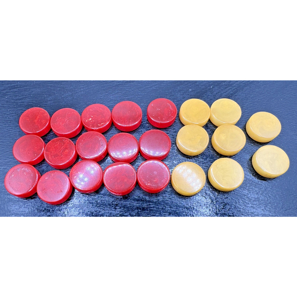 23 Vintage Red and Yellow Bakelite Backgammon Pieces Small 3/4" x 1/4" Marbled